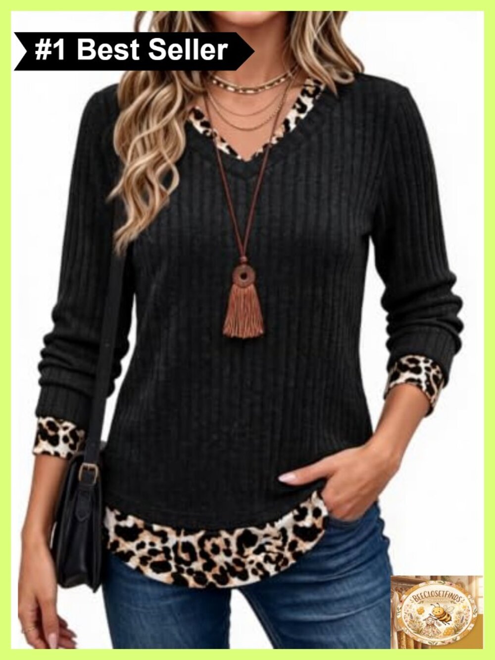 Womens Long Sleeve Tunic Sweater Faux Layered V-Neck Ribbed Knit Top